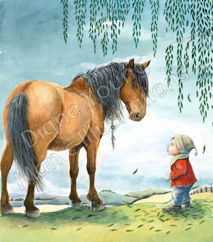 Painting of a horse and boy by artist illustrator Diane Young