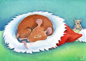 ACEO Painting by Diane Young of a mouse in teddy's christmas hat