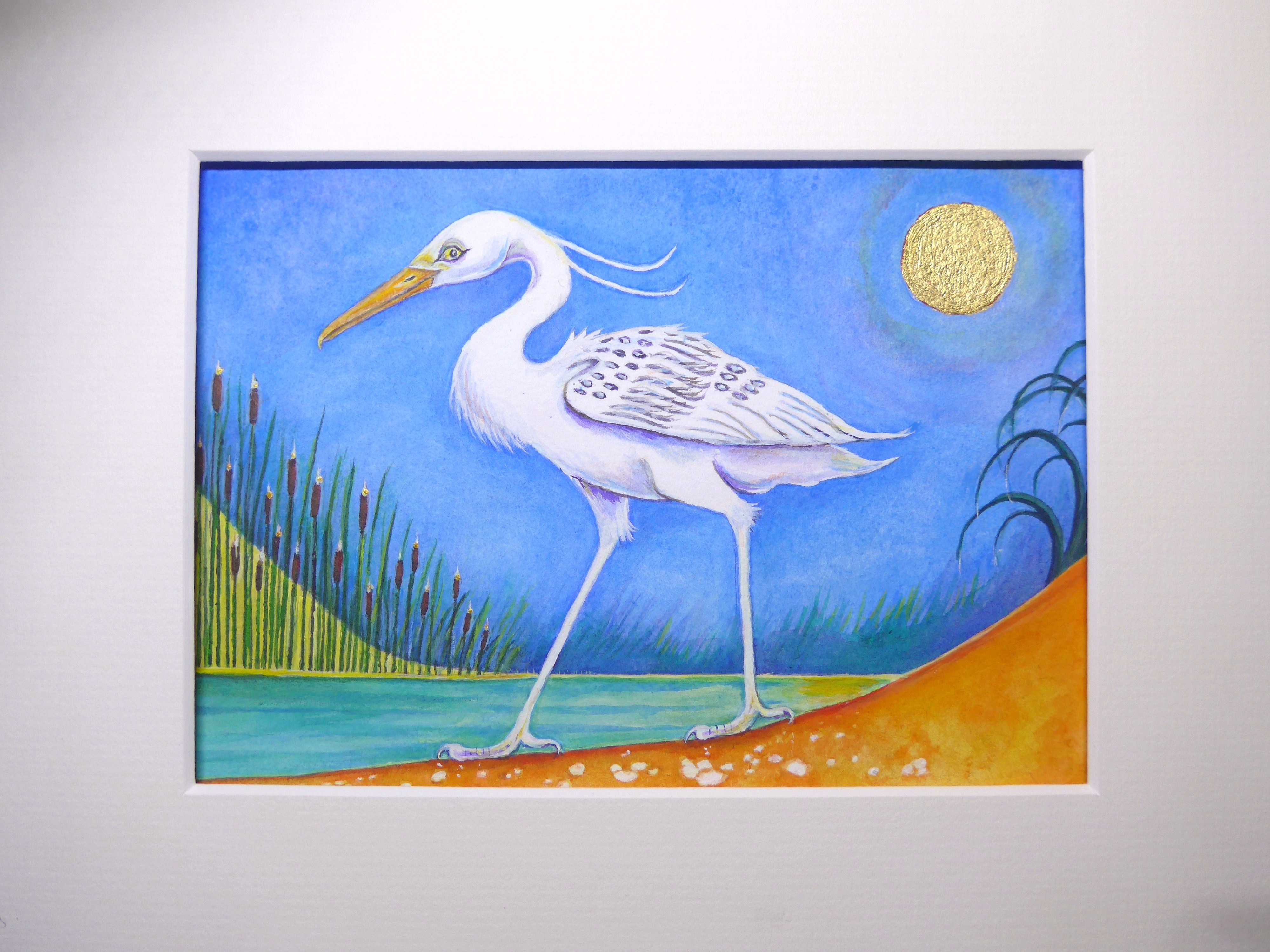 Painting of an Ibis representing Thoth in Greek mythology with a gold moon by artist Diane Young
