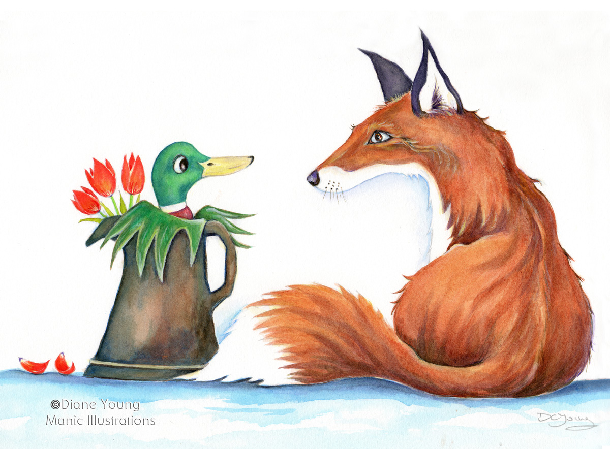 Duck in the Jug with Fox Painting by Artist Diane Young Stroud Manic Illustrations