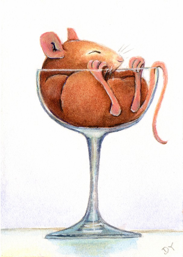 Painting of a Mouse in a Champagne Glass by artist Diane Young manic illustrations