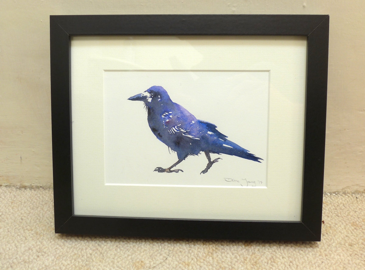 Painting of a Rook in a Black Frame by artist Diane Young