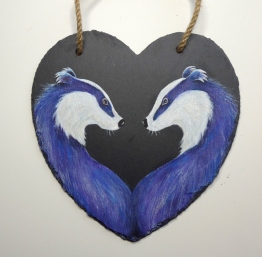 18cm x 18cm Slate Heart with Original Painting of Two badgers by artist Diane Young