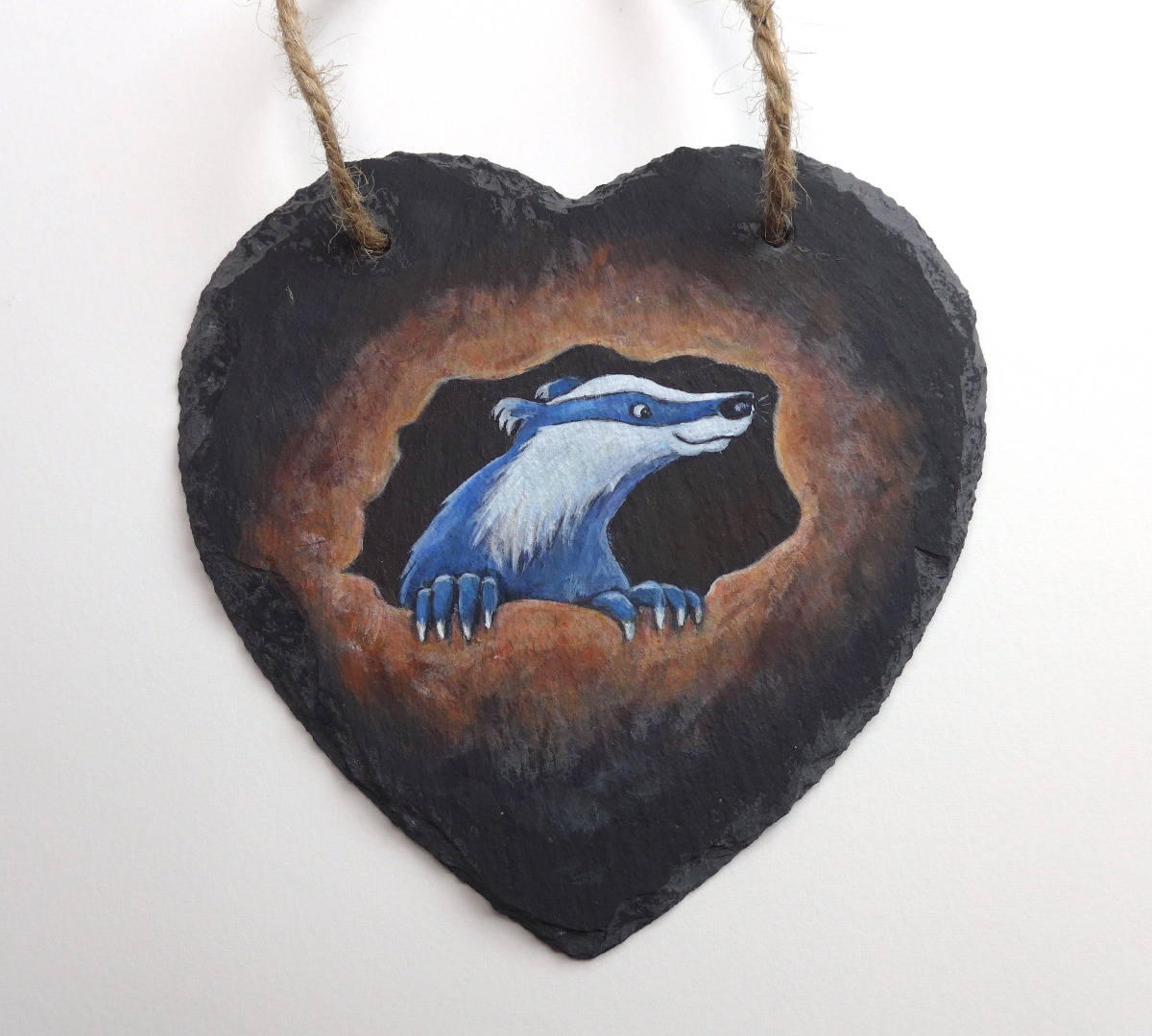 15cm x 15cm Slate Heart with Original Painting of a Badlger by artist Diane Young