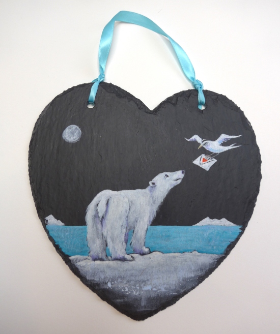 18cm x 18cm Slate Heart with Polar Bear Original Painting by artist Diane Young