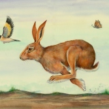 Painting of a Goldfinch carrying a golden bell with a butterfly and running hare by artist Diane Young