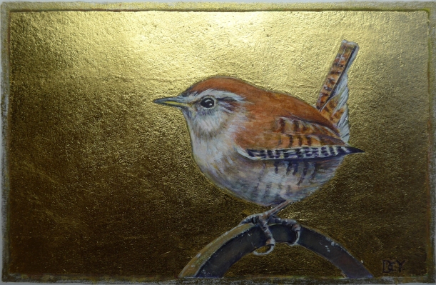 Painting of a wren with a gold leaf background by Diane Young