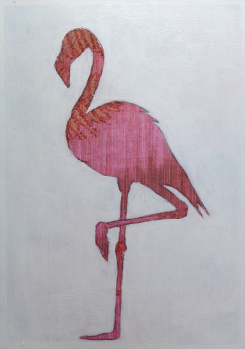 Painting in profile of a flamingo with abstract detail by artist Diane Young