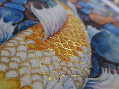 Gold embellishment to print of Koi fish by artist Diane Young